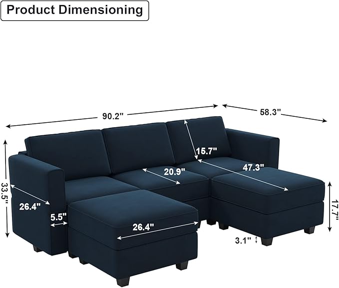 Belffin Modular Sectional Sofa with Double Chaise Velvet U Shaped Sofa Reversible Sectional Couch with Storage Blue