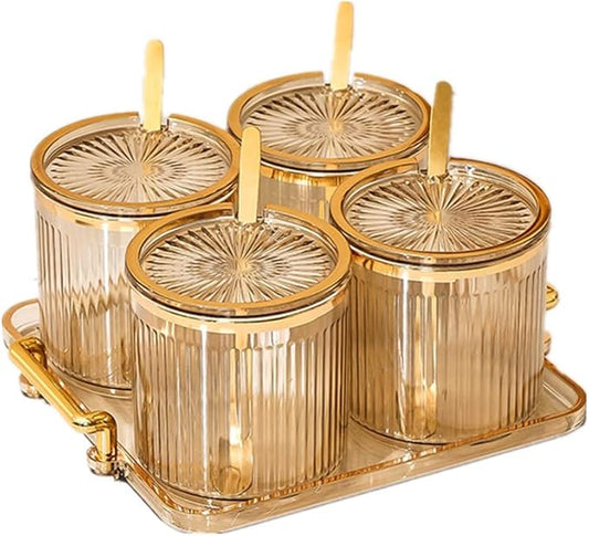 Acrylic Condiment Spice Jars,Condiment Spice Box With Lids and Spoons and Tray,Clear Plastic Condiment Canisters,Seasoning Box 4 Pack,Seasoning Box Set for Kitchen to Storage Salt,Paprika,Sugar