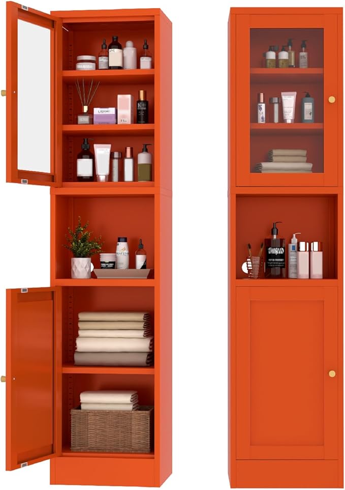 67" Tall Bathroom Storage Cabinet, Narrow Metal Floor Cabinet with Glass Door and Adjustable Shelves, Freestanding Metal Locker for Laundry, Kitchen, Dining Room
