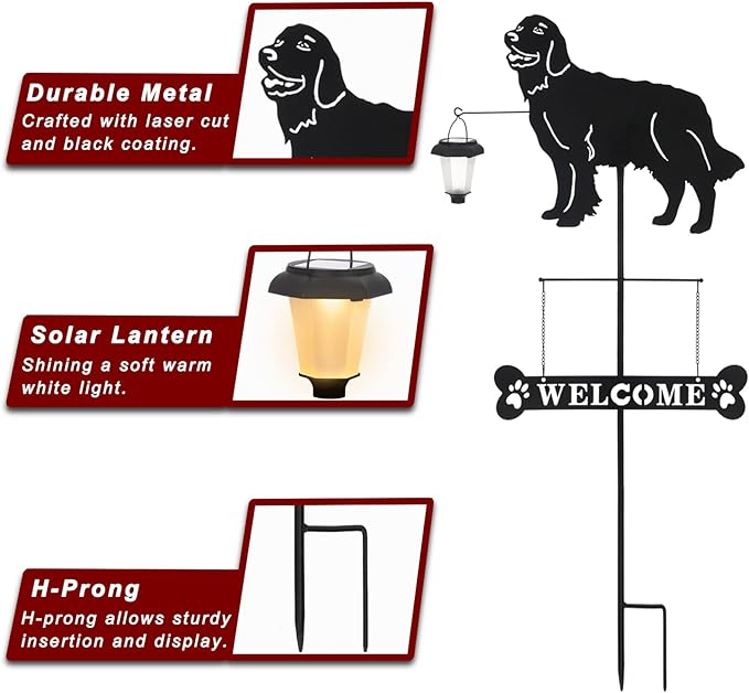 BAYN Solar Golden Retriever Garden Stakes Decorative with a Lantern Dog Silhouette Welcome Sign Outdoor Garden Decor for Yard, Lawn, Patio, Pathway