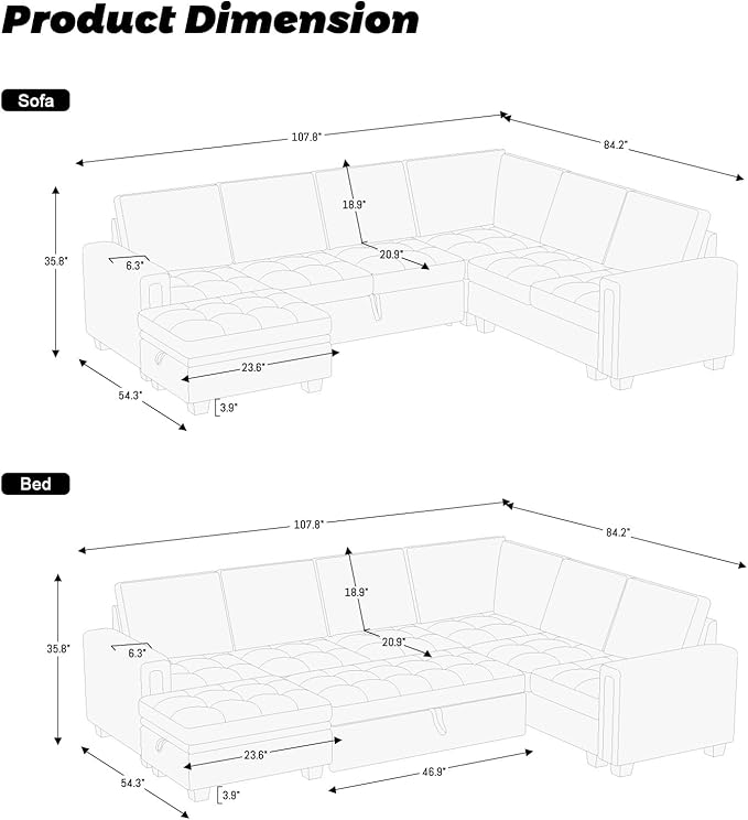 Belffin Modular Sectional Sleeper Sofa with Pull Out Bed U Shaped Sectional Sofa Couch with Storage Ottoman Velvet Covertible 7-Seater Sofa for Living Room Black