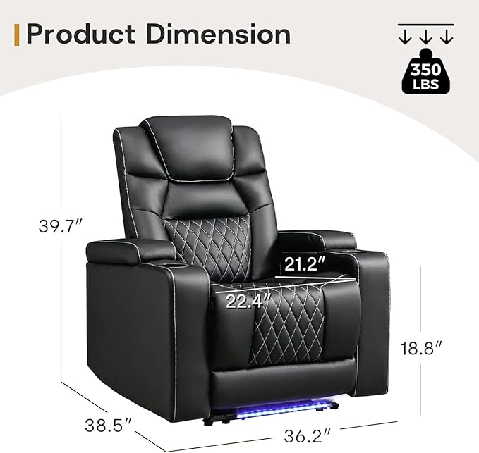 ANJ Power Home Theater Recliner Chair Set of 2, Electric Movie Theater Seating Reclining Chairs with Cup Holders for Living Room, Faux Leather with Blue LED, USB Ports, Hidden Arm Storage (Black)