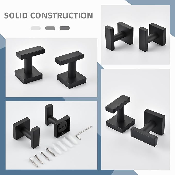 Angle Simple Bathroom Towel Hooks, Stainless Steel Robe Coat Hooks for Wall, Matte Black, 2 Pack