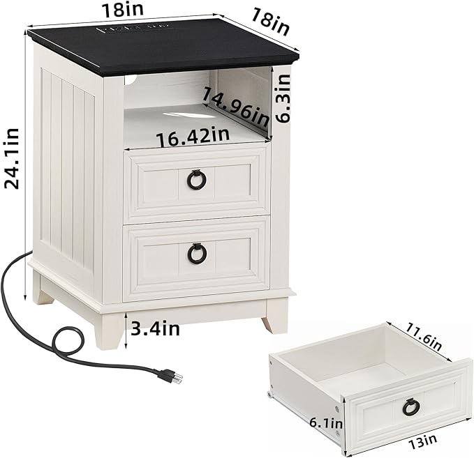 18" Farmhouse Night Stand with Charging Station, 2 Drawers End Table Dresser for Bedroom, White Wooden Nightstand, Bed Side Table with Open Shelf, Bedside Cabinet for Living Room, Closet