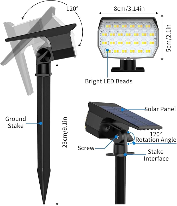 3 Colors Solar Lights Outdoor Waterproof IP65 Outdoor Spot Lights for Yard 52 LEDs 600LM Solar Powered Landscape Spotlights Solar Security Wall Lights for Garden Pathway Outside- 2 Pack