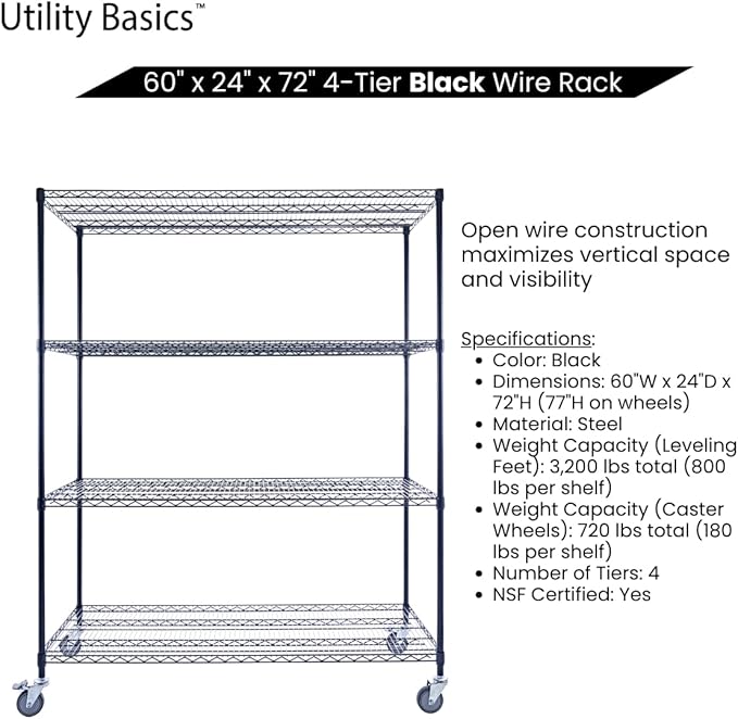 60"x24"x72" Premium Metal Steel 4-Tier Wire Shelving NSF 3200 LBS MAX Capacity Heavy Duty Storage Rack for Hospitals, Schools, Commercial Spaces, and Garages w/Premium Wheels