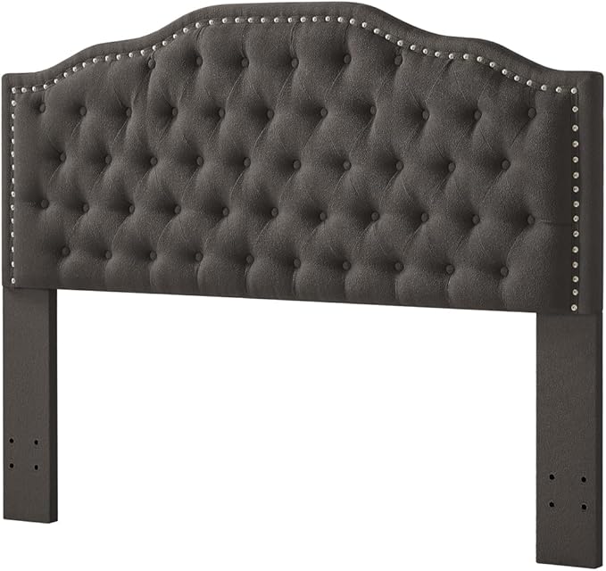 24KF Upholstered Button Tufted Queen Headboard with Nailhead Trim, Elegant Boucle Fabric Full headboard, 6031-Q-Boucle-Dark Gray