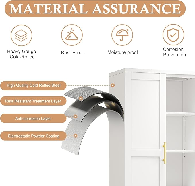 51" H Metal Kitchen Pantry Storage Cabinet, Freestanding Cupboard Storage Cabinet with Doors and Adjustable Shelves, Large Stand Up Food Cupboard for Living Room, Dinning Room, White