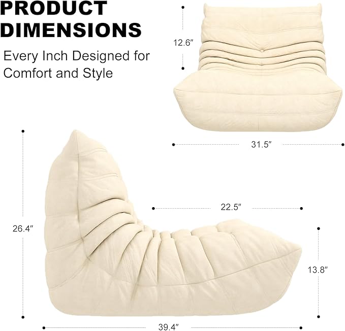 Bean Bag Chair for Adults, Lazy Floor Sofa Couch - Adult Size with Soft Waterproof Fabric for Living Room, Apartments, Reading Corner, Gaming, and Movie Venue (White)