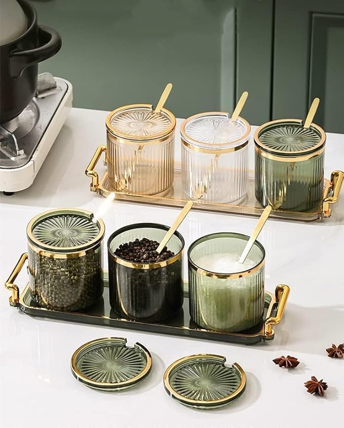 Acrylic Condiment Spice Jars,Condiment Spice Box With Lids and Spoons and Tray,Clear Plastic Condiment Canisters,Seasoning Box 3 Pack,Seasoning Box Set for Kitchen to Storage Salt,Paprika,Sugar