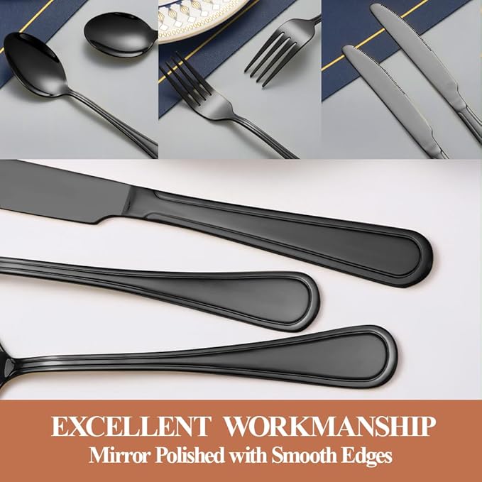 40 Pcs Black Silverware Set for 8 with Simple Striped Handle Design, Food Grade Stainless Steel Flatware Set, Eating Utensils Sets Include Fork/Knife/Spoon, Cutlery Set, Dishwasher Safe