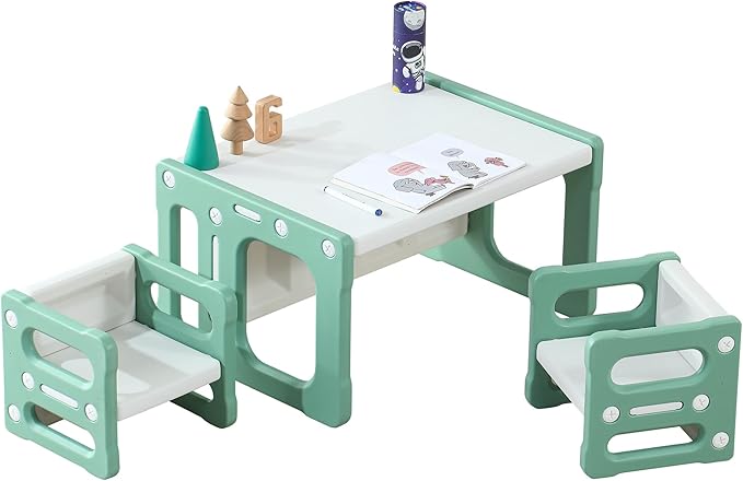 3 in 1 Montessori Weaning Table and 2 Chairs Set, Kids Activity Table Set, 2 Height Levels, Toddlers Activity Table for Drawing, Dining, Reading and Playing, Green