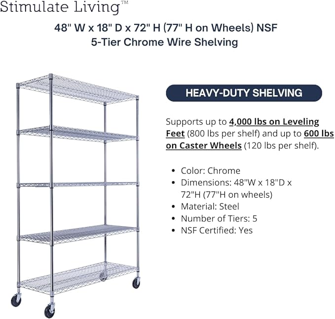 48"x18"x72" PRIME HEAVY DUTY Chrome 5-Tier Wire Shelving NSF 4000 LBS MAX Capacity Storage Rack for Commercial, School, Home, Garage, Warehouse, Industrial, and Hospital Uses (with Wheels)