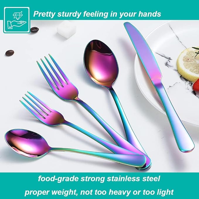40 Pcs Rainbow Silverware Set for 8, Food Grade Stainless Steel Flatware Set, Eating Utensils Sets Include Fork/Knife/Spoon,Home Kitchen Tableware Set, Reusable Cutlery Set, Dishwasher Safe