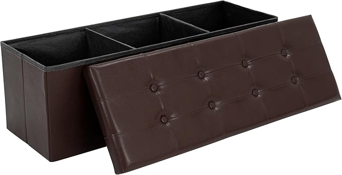 43 Inches Folding Storage Ottoman Bench, PU Leather Storage Chest, Footrest Padded Seat for Bedroom and Hallway, Holds up to 660 lbs, Brown