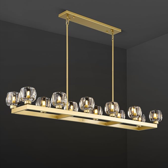 59 Inch Brass Rectangle Wagon Wheel Chandeliers, Gold Chandelier for Dining Room Over Table, Modern Crystal Long Chandelier, Farmhouse Large Linear Chandeliers for Kitchen Island