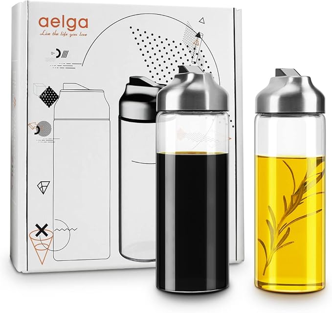 Aelga Olive Oil Dispenser - 14 OZ Glass Oil and Vinegar Dispenser Bottles Set for Kitchen No Drip-Set of 2