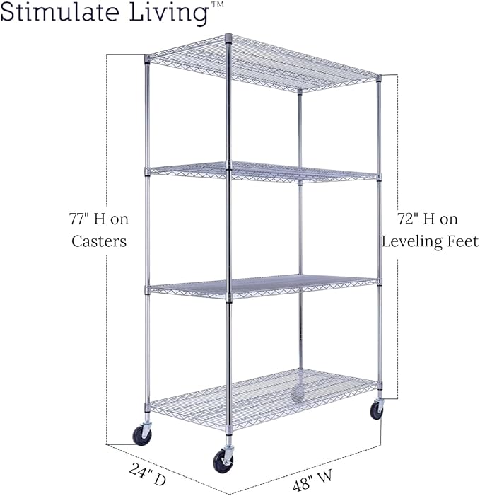 48"x24"x72" Prime Heavy Duty Chrome 4-Tier Wire Shelving NSF 3200 LBS MAX Capacity Storage Rack for Commercial, Hospital, School, Garage, and Kitchen Uses (with Wheels)
