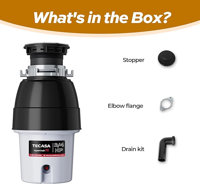 3/4 HP Corded Garbage Disposal for Kitchen Sinks, TECASA Continuous Feed Food Waste Disposer, Sound Reduction, Power Cord Included, Grey and Black - HyperCrush 75