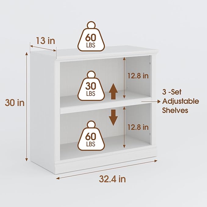 30" Bookcase, White Floor Standing Bookshelf, 2-Tier Display Shelves Open Storage Organizer, Book Case for Living Room Hallway Kitchen Home Office Bedroom, White 2 Tiers