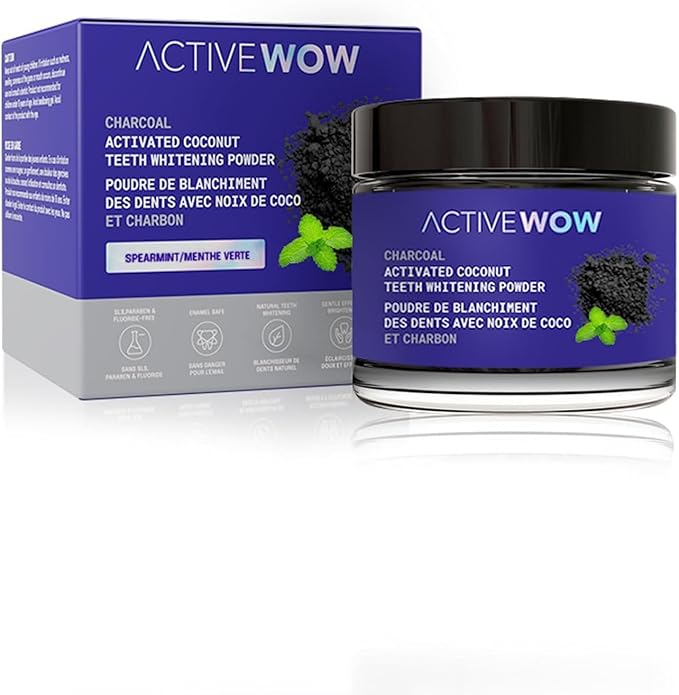 Active Wow Activated Coconut Charcoal Powder - Natural Whitening, Fluoride Free, Sulfate & Paraben Free, Spearmint Toothpaste Powder, 20g