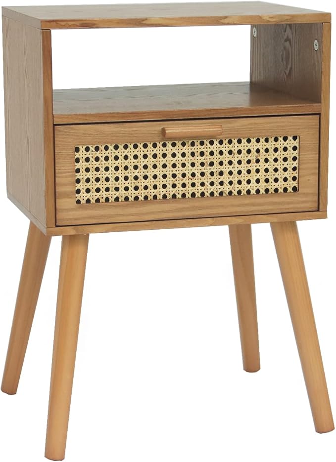 MaxSmeo Mid Century Modern Nightstand with Drawer, Small Nightstand Bedside Table, Rattan Nightstand, Wood End Table for Bedroom, Living Room (Brown)