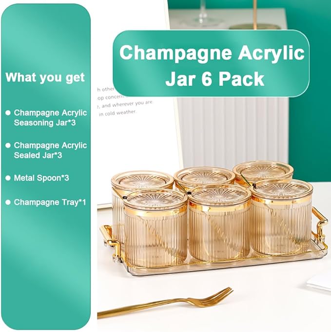 Acrylic Condiment Spice Jars,Condiment Spice Box With Lids and Spoons and Tray,Clear Plastic Condiment Canisters,Seasoning Box 6 Pack,Seasoning Box Set for Kitchen to Storage Salt,Paprika,Sugar