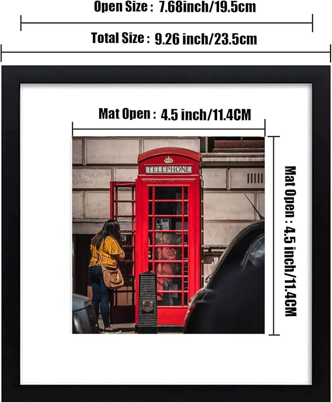 8x8 Picture Frame Set of 6, Display Pictures 5x5 with Mat or 8x8 Without Mat for Wall Mounting or Table Top Display,Black