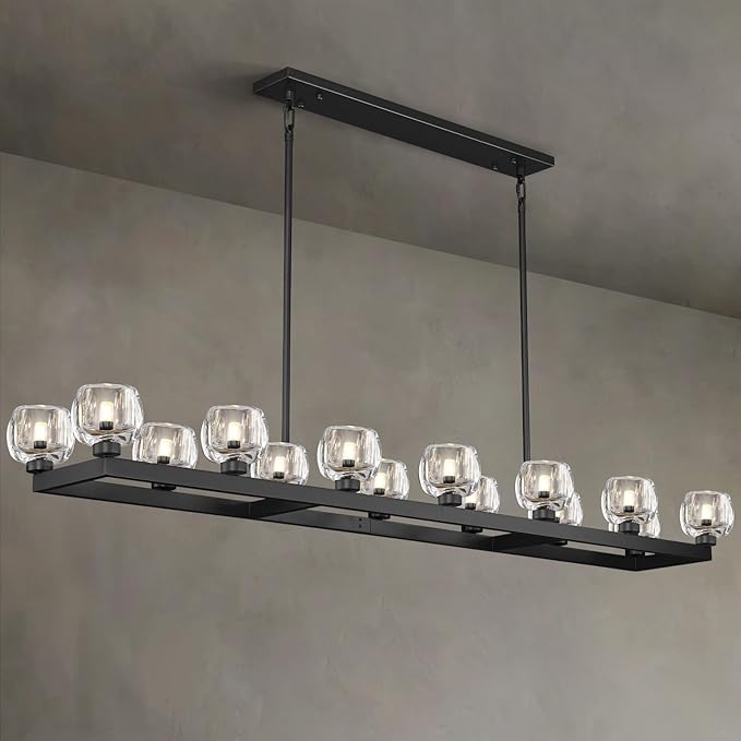 72 Inch Black Rectangle Wagon Wheel Chandeliers, Chandelier for Dining Room Over Table, Modern Crystal Long Chandelier for High Ceiling, Farmhouse Large Linear Chandeliers for Kitchen Island