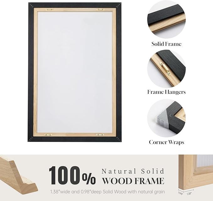 Framed Black Abstract Wall Art, Modern Canvas Prints Paintings Artwork for Walls, Square Minimalist All Black Pictures for Living Room, Hallway, Fireplace, Bedroom, Office, Bathroom Wall Decor