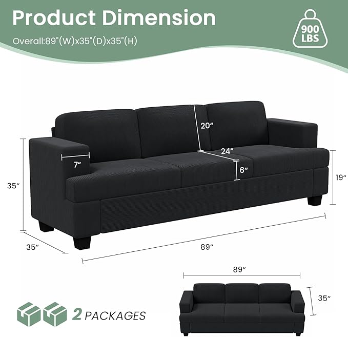 2 Piece Set Comfy Sofa Couch, 2 3-Seater Sofa with Deep Seats, Modern Sleeper Couch for Living Room, Black Corduroy