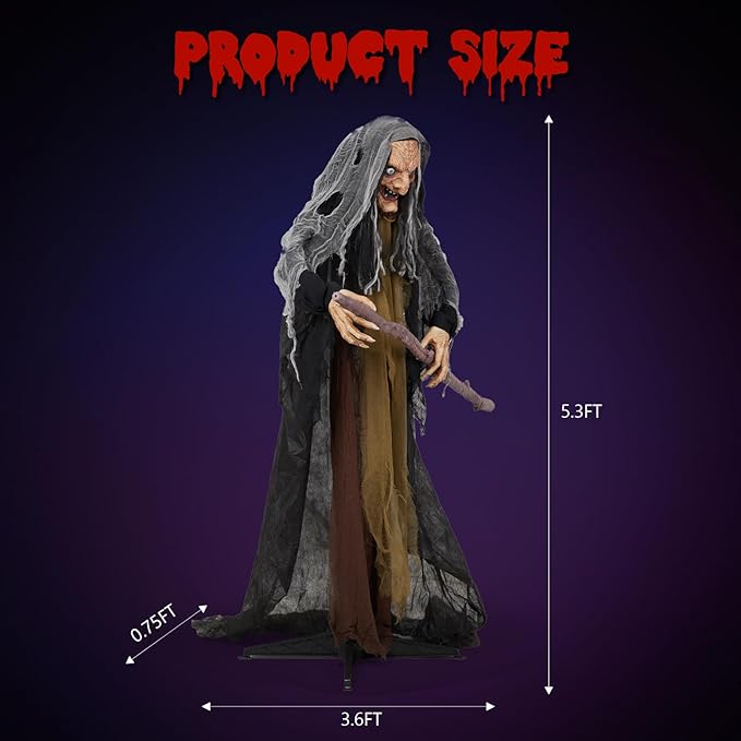 AW Animated Halloween Decorations,Scary Witch with Crutch,5.3FT Life Size Standing Clown,Motion/Sound Activated LED Eyes Creepy Sound,Haunted House Props Party Outdoor Indoor Lawn Yard Patio 2025