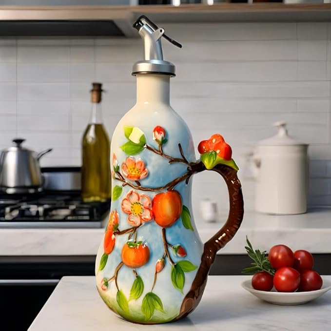 18.26oz/540ml Ceramics Olive Oil Dispenser Bottle,Hand Painted Reliefs Oil Dispenser for Kitchen,Oil Bottles for Kitchen (Persimmon)
