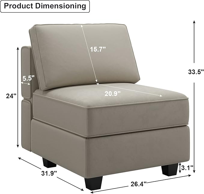 Belffin Modular Sofa Middle Module with Storage Accent Armless Chair for Modular Sectional Sofa Couch Velvet Grey