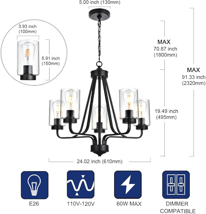 5-Lights Modern Chandelier with Clear Glass Shades, Black Farmhouse Pendant Lighting for Dining Room Kitchen Island Ceiling Light Fixture Haning Over Table