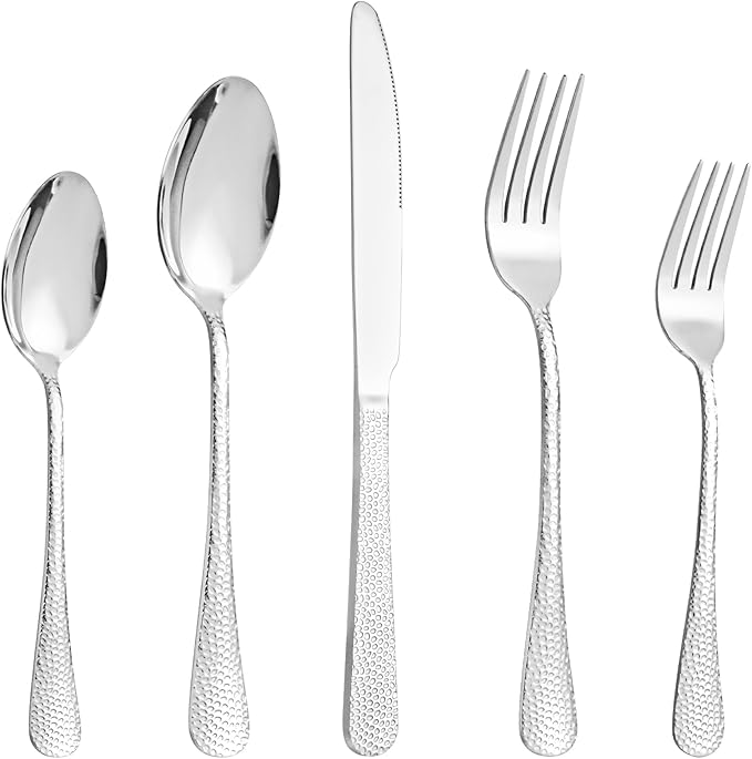40 Pcs Silverware Set for 8 with Hammered Design, Food Grade Stainless Steel Flatware Set, Eating Utensils Sets Include Fork/Knife/Spoon, Reusable Cutlery Set, Dishwasher Safe