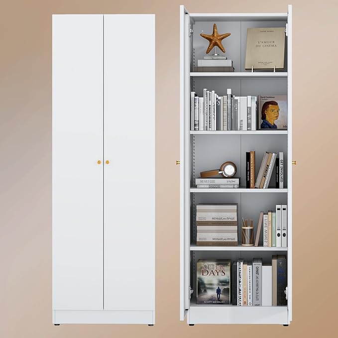 5 Tier Metal Curio Cabinets, Modern Bookshelf Cabinet with 4 Adjustable Shelves, Cabinet Display Case for Home Office, Living Room, Pantry (White-23.54W-Metal Door)