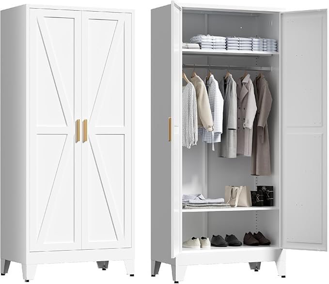 71'' Farmhouse Metal Wardrobe Cabinet with Hanging Rod, 2 Barn Door Wardrobe Closet with 2 Adjustable Shelves,for Dining Room,Bedroom,Living Room, Cloak Room,Office (White)