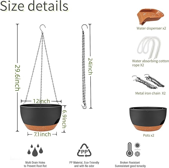 2 Pack Hanging Planters for Indoor Outdoor Plants, 12 Inch Self Watering Hanging Pot with Drainage Holes and Saucer, Plastic Plant Pots, Black Brown Flower Pots for Kitchen, Balcony, Garden
