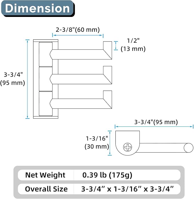 Angle Simple Swivel Towel Hooks for Bathroom, SUS 304 Stainless Steel Foldable 3 Arms Hand Towel Holder, Coat Wall Hooks, Polished Chrome, 2 Pack