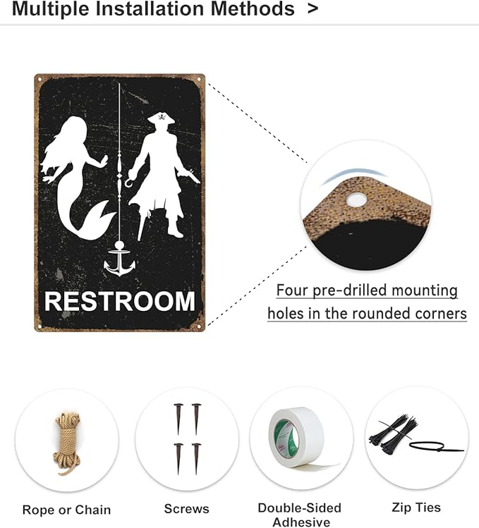 ALKB Nautical Themed Vintage Restroom Door Sign Fun Mermaid and Pirate Sign Suitable for Ocean, Beach, Ship Themed Wall Decor 8x12 Inch