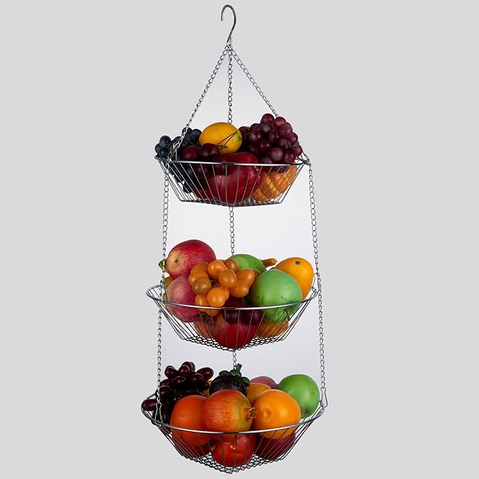 3-Tier Wire Fruit Hanging Basket 2 Packs, non-Punching Wall Hanging Storage, Kitchen Bathroom Organization Basket, Suitable for Bathroom, Kitchen, Closet, Garden, Chrome