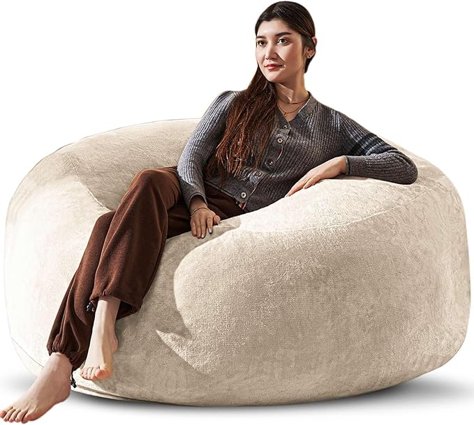 Bean Bag Chair 5Ft, Memory Foam Filled, Large Beanbag Chairs for Adults and Teens, Soft Sofa with Removable Flannel Cover, Round Couch for Living Room Bedroom College Dorm (Apricot, 5FT-60×60"×24")
