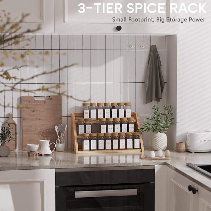 Bamboo Spice Rack Organizer -3-Tier Spice Rack for Countertop,Cabinet Spice Rack Organizer for 27 Spice Jars(4oz)，Step Shelf (yellow)