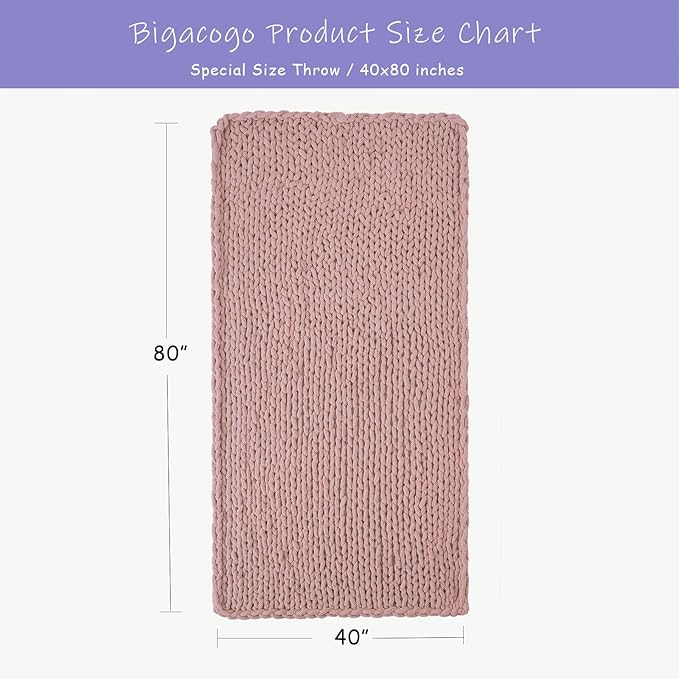 Bigacogo Chunky Knit Throw Blanket for Couch, 40x80 inches, 100% Hand Knitted with Thick Jumbo Chenille Yarn, Cozy Soft Large Rope Knot Cable Crochet Blankets for Sofa Bed Living Room, Dusty Pink