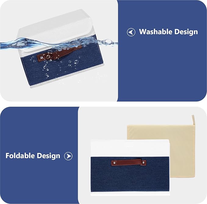 ANMINY 2PCS Storage Boxes with Lid Washable Decorative Storage Bin Basket with PU Leather Handle Foldable Linen Fabric Storage Cube Container for Home Closet Organizer - Deep Blue White, Small Size