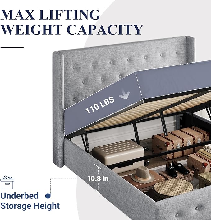 Allewie Full Size Lift Up Storage Bed, Button Tufted Headboard with Wingback, Hydraulic Support, No Box Spring Needed, Light Grey