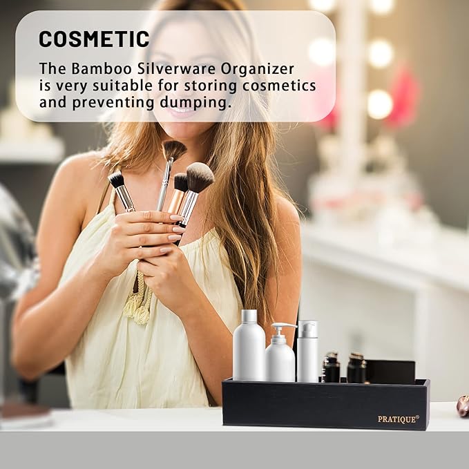 Bamboo Drawer Organizer - Kitchen Utensil Organizer Silverware Tray Cutlery Holder，Office Desk Supplies and Accessories,12 * 3 * 2.6inch,Black