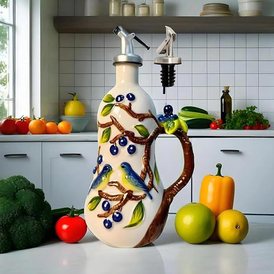 18 Oz Hand Painted Relief Ceramic Olive Oil Bottle Dispenser for Kitchen, Oil and Vinegar Bottle, Seasoning Bottle with Stainless Steel Nozzle, 540mL Oil Container with Handle for Cooking, Light Proof