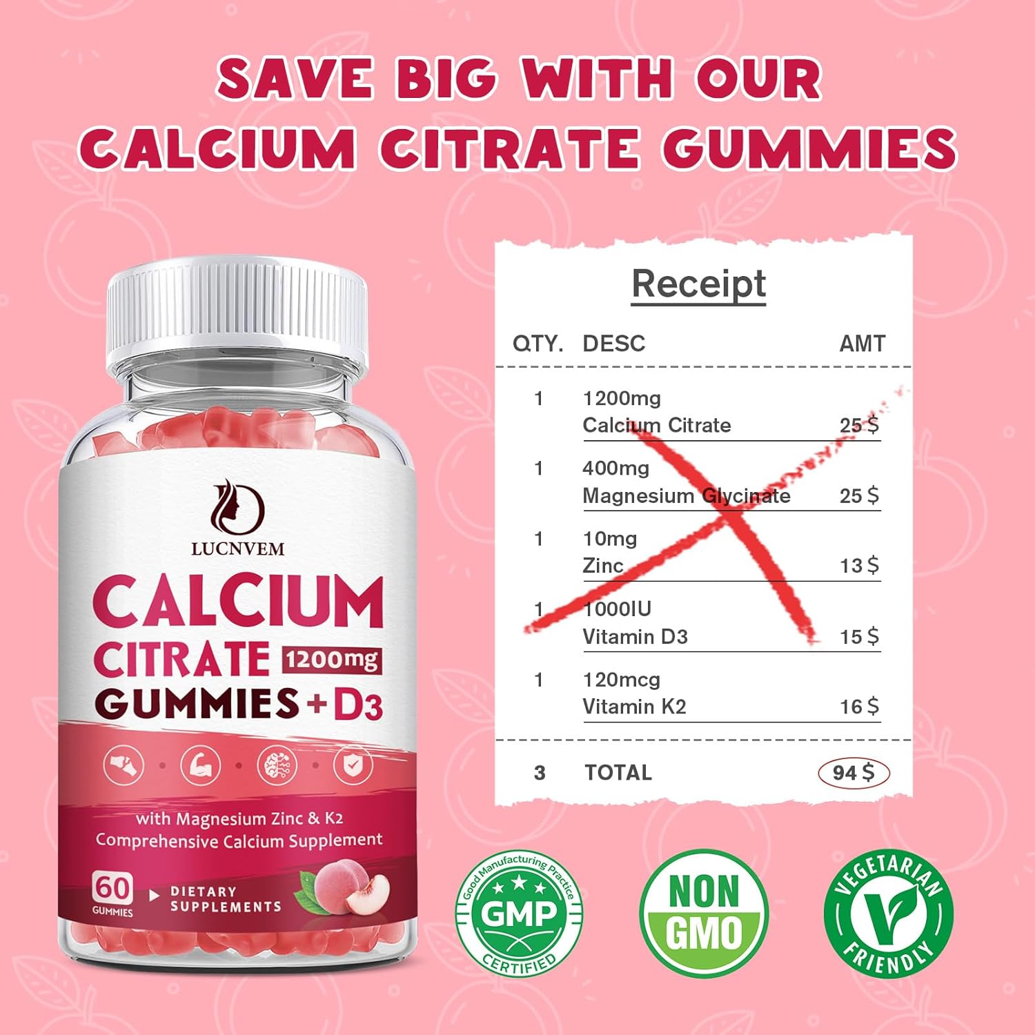 (2 Pack) Calcium Citrate 1200mg with Vitamin D3 Supplements Gummies for Women & Men, Calcium Gummies with Vitamin D3 K2, High Absorption for Bone Muscle Healthy- Peach Flavor- 60 Day Supply
